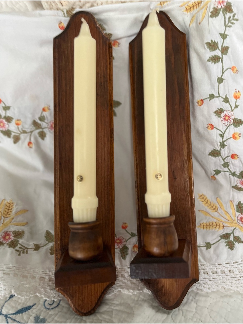 Vintage Pair of Brown Wood Wall Sconces no with Cream Candle Accents